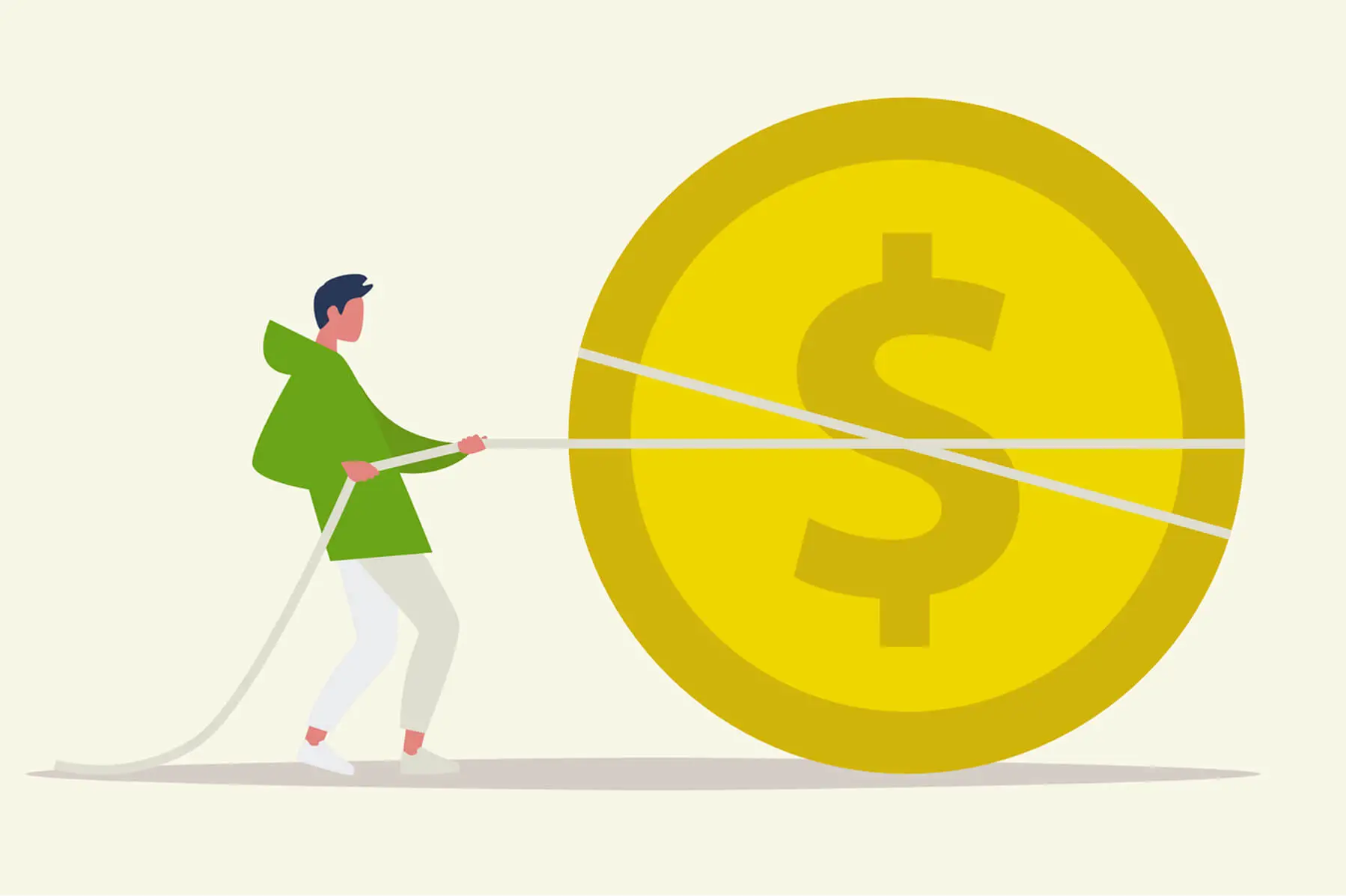 Man pulling a huge dollar coin