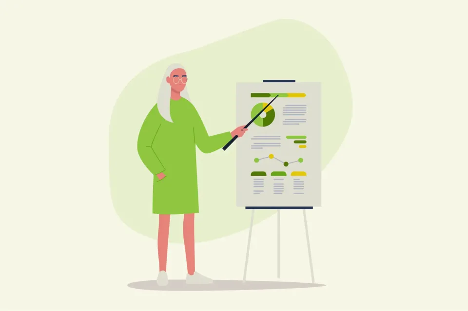 Woman presenting charts on a presentation board